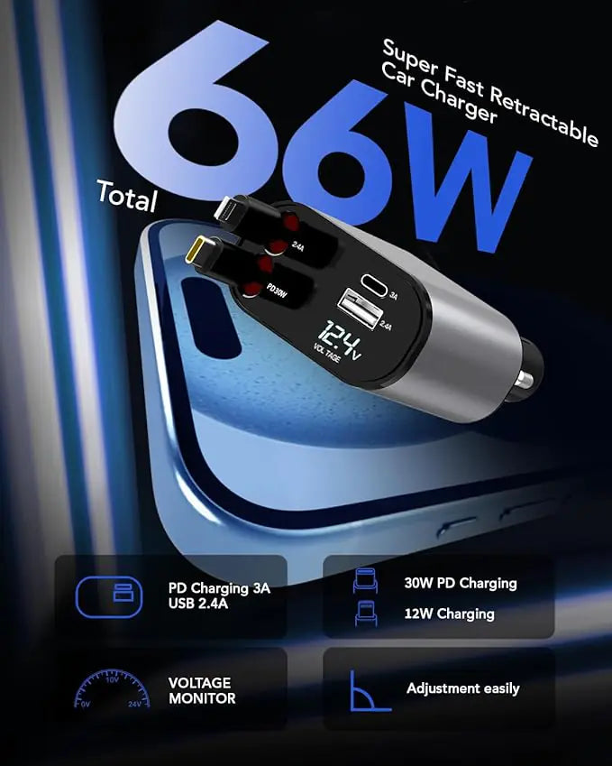 Grab&Go 66W 4-in-1 Retractable Car Charger