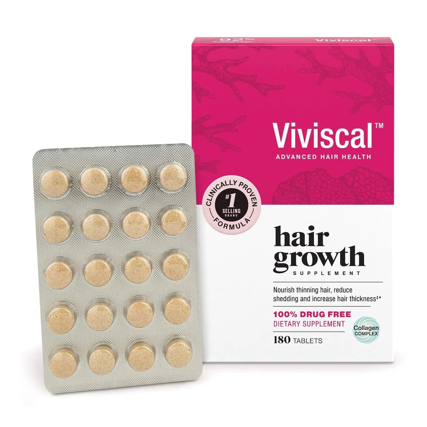 Viviscal Hair Growth Supplements for Women, Clinically Proven Hair Growth Product with Proprietary Collagen Complex, Results of Thicker, Fuller Hair Nourish Hair Loss, 180 Tablets - 3 Month Supply 180 Count (Pack of 1)