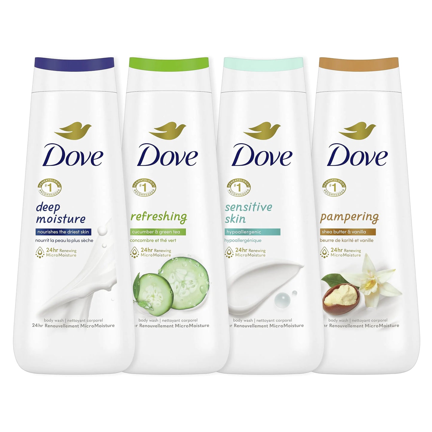 Dove Body Wash Deep Moisture, Sensitive Skin, Cucumber and Green Tea, and Shea Butter & Vanilla 4 Count Collection with Deep Moisture 4 Count For Dry Skin 20 oz Body Wash + Body Wash Deep Moisture 4 Count