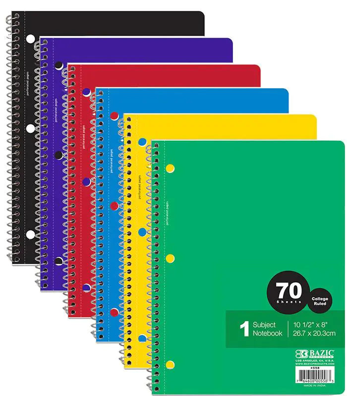 College-Ruled 70-Sheet Spiral Notebook - Assorted Colors