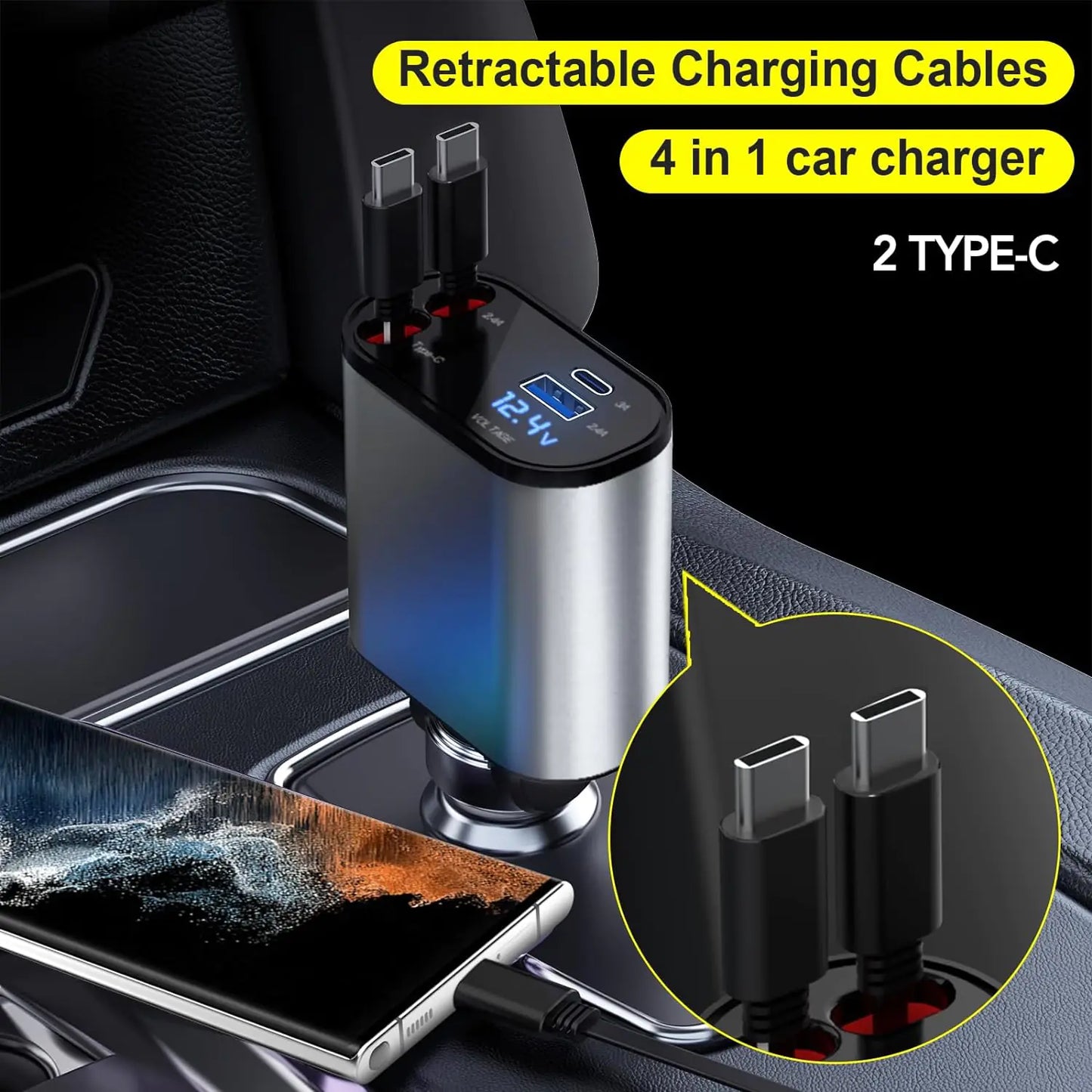 Grab&Go 66W 4-in-1 Retractable Car Charger